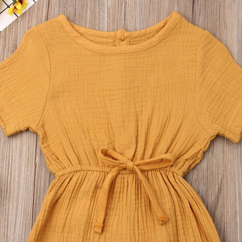 Mubineo Toddler Baby Girl Summer Fall Basic Plain Short Sleeve Cotton Linen Drawstring Romper Jumpsuit (Mustard Yellow, 12-18 Months) - Image 4